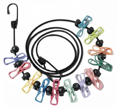 Produktbild von Tragbare Wäscheleine - Einziehbar mit 12 Clips und 13 Positionierungsschnallen - Für Camping und Reisen - 180-360 cm