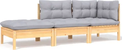 Produktbild von 3-tlg. Garten-Lounge-Set mit Grauen Kissen Kiefer Massivholz