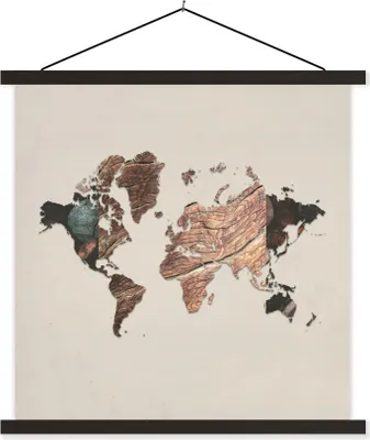 Produktbild von MuchoWow® Textilposter Weltkarte - Einfach - Holz 120x120 cm mit schwarzem Rahmen - Aufhängungsset