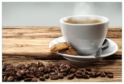 Produktbild von Wallario Küchenrückwand aus Glas, Größe: 90 x 60 cm, Motiv: Heiße Tasse Kaffee mit Kaffeebohnen | Spritzschutz | abwischbar | pflegeleicht | in