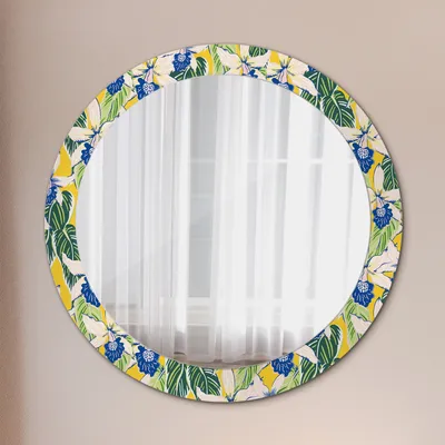 Produktbild von Kosmetikspiegel Spiegel - Flurspiegel - Spiegel mit Modischem Print – Dekospiegel - Blau und Gelb Orchideen - Runder: Ø80cm