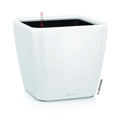 A white, square planter with a water level indicator inside.