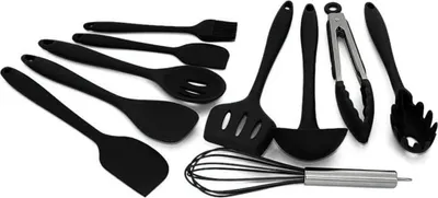 Produktbild von 10 Stück Küchenutensilien Silikon BPA frei Set Enthält 2xSchaber Kochlöffel Suppenkelle Pfannenwender Spaghettikelle Servierlöffel Schneebesen Grillzange Silikon Pinsel (10 Stück Schwarz)