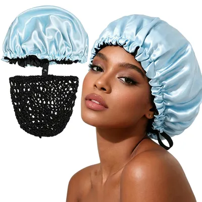 Produktbild von 2-in-1 Verstellbare Satin Doppellagige Schlafmütze mit Abnehmbarem Haarnetz, Blau