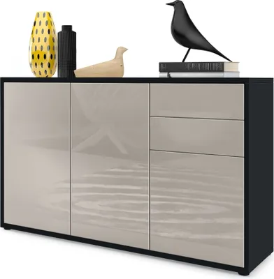 Produktbild von Vladon Sideboard Ben V3, Kommode mit 3 Türen und 2 Schubladen, Schwarz matt/Sandgrau Hochglanz (117 x 74 x 36 cm)