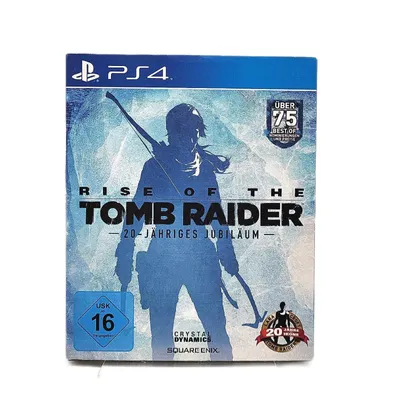 The image shows the front cover of a PlayStation 4 game case for 'Rise of the Tomb Raider: 20 Year Celebration'.