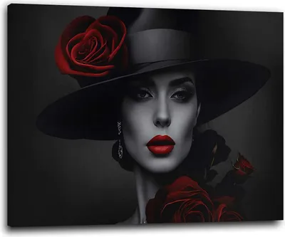 Produktbild von Frau mit Hut und rote Blumen Wandbild Leinwandbild Kunstdruck XL Wanddeko: 120x80x2cm