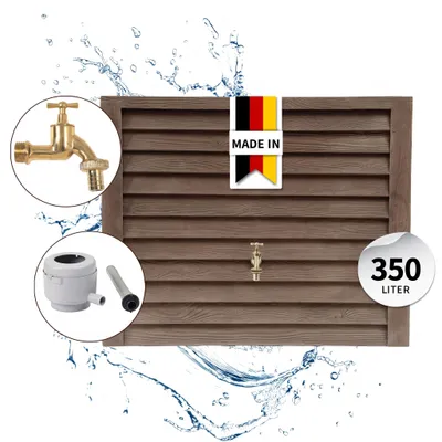 Productafbeelding van GARANTIA WOODY wandtank complete-set 350 L darkwood incl. messing-aftapkraan en regenpijpaansluiting, AI-gegenereerde afbeelding