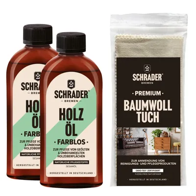 Produktbild von SCHRADER Holzöl Set - farbloses Pflegeöl für Holzmöbel und Holzoberflächen mit Poliertuch - 3-teilig - Germany