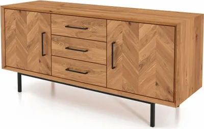 Produktbild von Kommode Seiba Wildeiche massiv 144x45x65 Fischgrätmuster 3 Schubladen 2 Türen