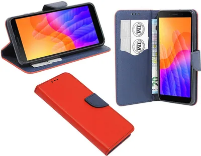 Produktbild von Buch Tasche "Fancy" kompatibel mit Huawei Y5P Handy Hülle Etui Brieftasche Schutzhülle mit Standfunktion, Kartenfach Rot-Blau