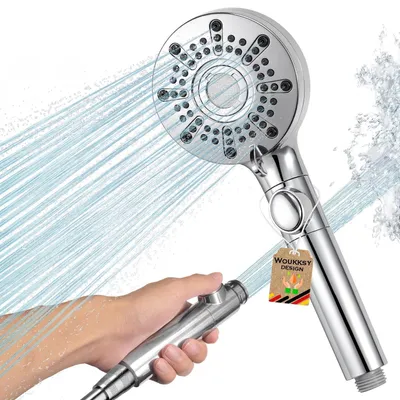 Produktbild von Duschkopf mit 5 Strahlarten, wassersparend, Handbrause, Silber, 100mm