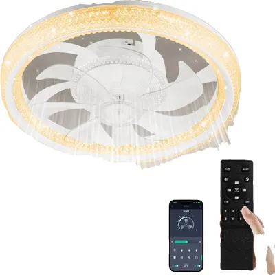 Image de Ventilateur de plafond avec éclairage, intensité réglable, télécommande, avec abat-jour blanc