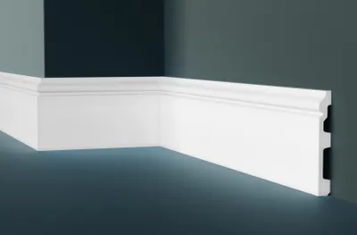 Produktbild von GRAND DECOR Sockelleisten, PolyurethanHartschaum & Flexibel - 2m Fußleisten mit Kabelkanal Bodenleisten Fußbodenleisten (2 Meter CR941 weiß)