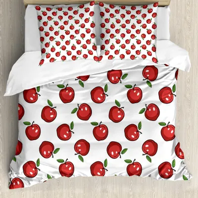 Produktbild von ABAKUHAUS Apfel Bettbezug, Cartoon Bio-Obst, Milbensicher Allergiker geeignet mit Kissenbezügen, 155 cm x 220 cm - 80 x 80 cm, Dunkler Coral Grün Weiß
