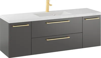 Produktbild von Rosen 140 cm Badezimmerschrank mit Waschbecken und Gold gebürstetes Griffen - Zeitloses Design für Elegantes Bad