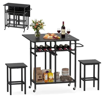 Produktbild von COSTWAY Essgruppe mit 2 Stühlen, Esstisch mit Rollen, 6-Flaschen Weinregal & Regal, Küchentisch für 2 Personen, Esszimmergruppe, Sitzgruppe, Schwarz