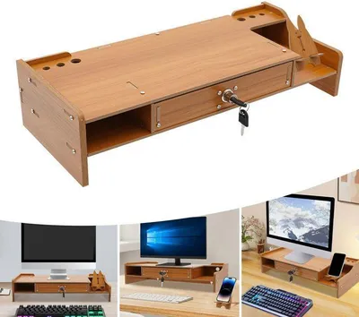 Obrázek produktu pro Dřevěný stojan na monitor - se zásuvkou a zámkem - držák na monitor, organizér zásuvek