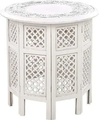 Produktbild von BELIANI Beistelltisch Altweiß aus Mangoholz ⌀ 53 cm Rund mit Verzierungen Ornamente Rustikal Vintage Klassisch