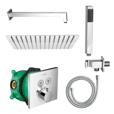 Produktbild von Belvit Duschset mit Regendusche, Handbrause & Duschschlauch mit Hansgrohe ShowerSelect Unterputz Thermostat eckig in Chrom inkl. iBox universal