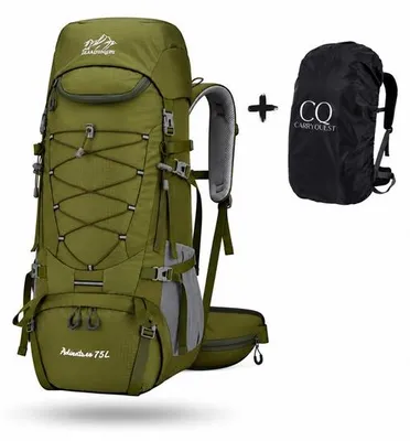 Productafbeelding van CarryQuest® Campingrugzak 75L, nylon, met groene regenhoes