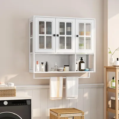 Image de MODFU Armoire Murale - Meuble Murale De Salle de Bain Avec 3 Portes, Rangement Intégré Et Porte-Serviettes, MDF + Verre Trempé, 88x26x77,5 cm, Blanc