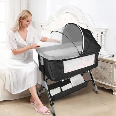 Produktbild von 2 in1 Beistellbett Baby,Babybetten Reisebett Babybett Höhenverstellbar, Kinderbett inkl. Matratze und Moskitonetz Schwarz