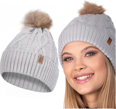 Immagine prodotto di Cappello donna invernale con pompon in Pelliccia sintetica, caldo e foderato, grigio, taglia unica