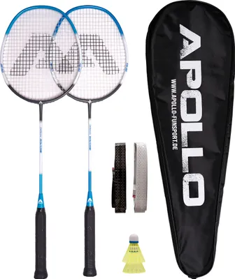 Produktbild von Apollo Badminton Set | Carbon Profi Badmintonschläger | Leichtgewicht Badminton Schläger | Federballschläger Set für Training, Sport und Unterhaltung mit Schlägertasche | Federball Set Kinder - blau/grau