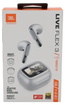 Obrázek produktu pro JBL Live Flex 3, Bezdrátový, 20 - 40000 Hz, Volání / hudba / sport / volný čas, 72,7 g, Sluchátka s mikrofonem, Stříbrná