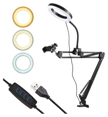 Produktbild von Andoer Overhead-Kamerahalterung, faltbarer Telefonarmstaender mit 8-Zoll-Ringlampe, Kugelkopf-Telefonclip, kompatibel mit Kompaktkamera/Smartphone/Webcam/Ringlicht