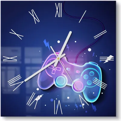 Produktbild von DEQORI Glasuhr 30x30 cm Römisch 'Neon-Gaming-Dynamik' Wanduhr Glas Uhr Design leise Küchenuhr