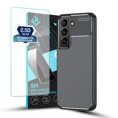 Produktbild von Handy Hülle für Samsung Galaxy S22 mit 9H Displayglas Displayschutz Carbon Look Cover Case Schutzhülle Farbe: Schwarz