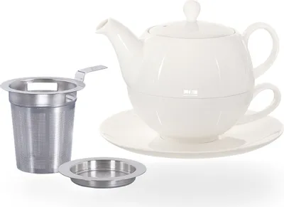 Produktbild von Buchensee Tea for one Set / Teeset Lena, Teekanne 500ml mit Sieb, Teetasse, Untertasse und Abtropfschale, weiß, Crystal Bone China Porzellan