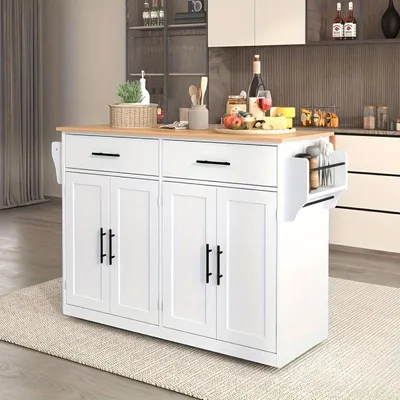 Immagine prodotto di Isola da cucina – Carrello da cucina – Carrello di servizio – Bianco, in bambù – Piano pieghevole – Con ruote e cassetti