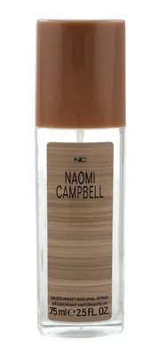 A clear product shot of a Naomi Campbell deodorant spray bottle against a white background.