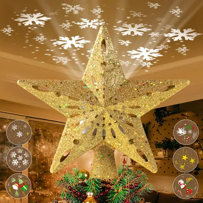 Productafbeelding van Kerstboomtop lichtgevende ster met 3D sneeuwvlokken - Gouden verlichting - Fonkelend - 2-in-1 LED-sneeuwvlokken