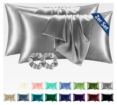 Produktbild von Satin Kissenbezug 40 x 80 Grau - 2er Set mit Haargummis für Haar und Haut
