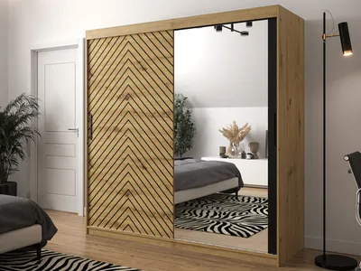 Obrázok produktu pre Vysoká šatníková skriňa 200 cm so zrkadlom ORIOT - dub artisan / čierna