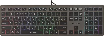 A top-down view of a gaming keyboard with colorful backlighting.