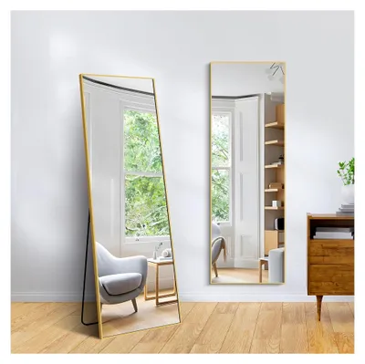 Produktbild von Ganzkörperspiegel 147 x 44 cm, rechteckig mit goldenem Aluminiumrahmen, Wand- und Standspiegel für Schlafzimmer, Ankleidezimmer, Fitnessstudio, Flur