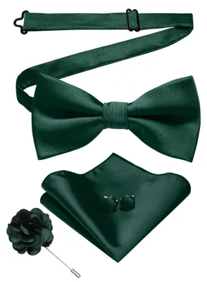 Image de Ensemble complet pour homme, en twill vert foncé, comprenant une pochette de costume, des boutons de manchette et une boutonnière