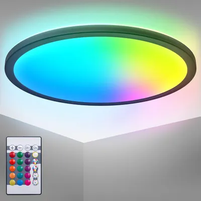 Image de Plafonnier LED ultra-plat Ø42cm rond 22W 2700lm 4000K + RGB avec rétroéclairage – Éclairage moderne design pour salon, chambre, Salle de jeux, bureau, couloir, entfant