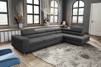 Produktbild von MargaretHadas24 Ecksofa L Form Marlene IV, 347x202, mit Schlaffunktion und Bettkasten Couch mit verstellbaren Kopfstützen Samtstoff rechte Seite, grau