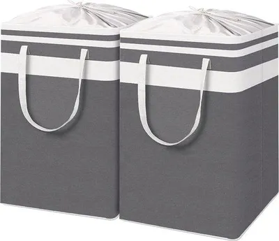 Produktbild von Famanu Wäschekorb mit Zugband, wasserabweisende Beschichtung, faltbarer Wäschebehälter, für Schlafzimmer, Badezimmer und Kinderzimmer, weiß/grau,