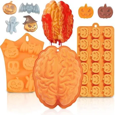 Image de Moules en forme d'animaux pour Halloween pour gâteaux et bonbons, lot de 3 : citrouille, fantôme, cerveau et chauve-souris