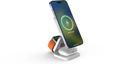 A 3-in-1 wireless charging stand for a smartphone, smartwatch, and earbuds, shown on a white background.