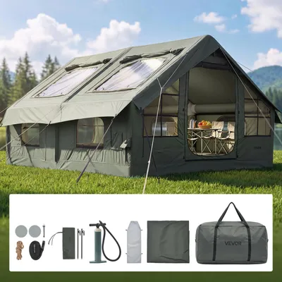 Produktbild von VEVOR Aufblasbares Zelt Glamping Luftzelt 5-8 Personen mit Pumpe Grün, für Outdoor-Aktivität Wasserabweisendes Poly-Baumwollgewebe mit Dachfenster Ofenrohrdurchführung Netzfenster & Tragetasche