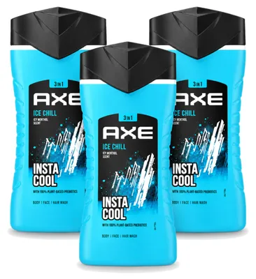 Zdjęcie produktu dla 3 sztuki żelu pod prysznic Axe Ice Chill 3-w-1 - mentol - 250 ml - zestaw ekonomiczny