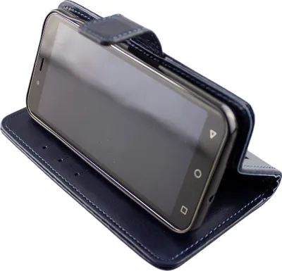 A dark blue leather wallet case for a smartphone is shown with the smartphone inside.